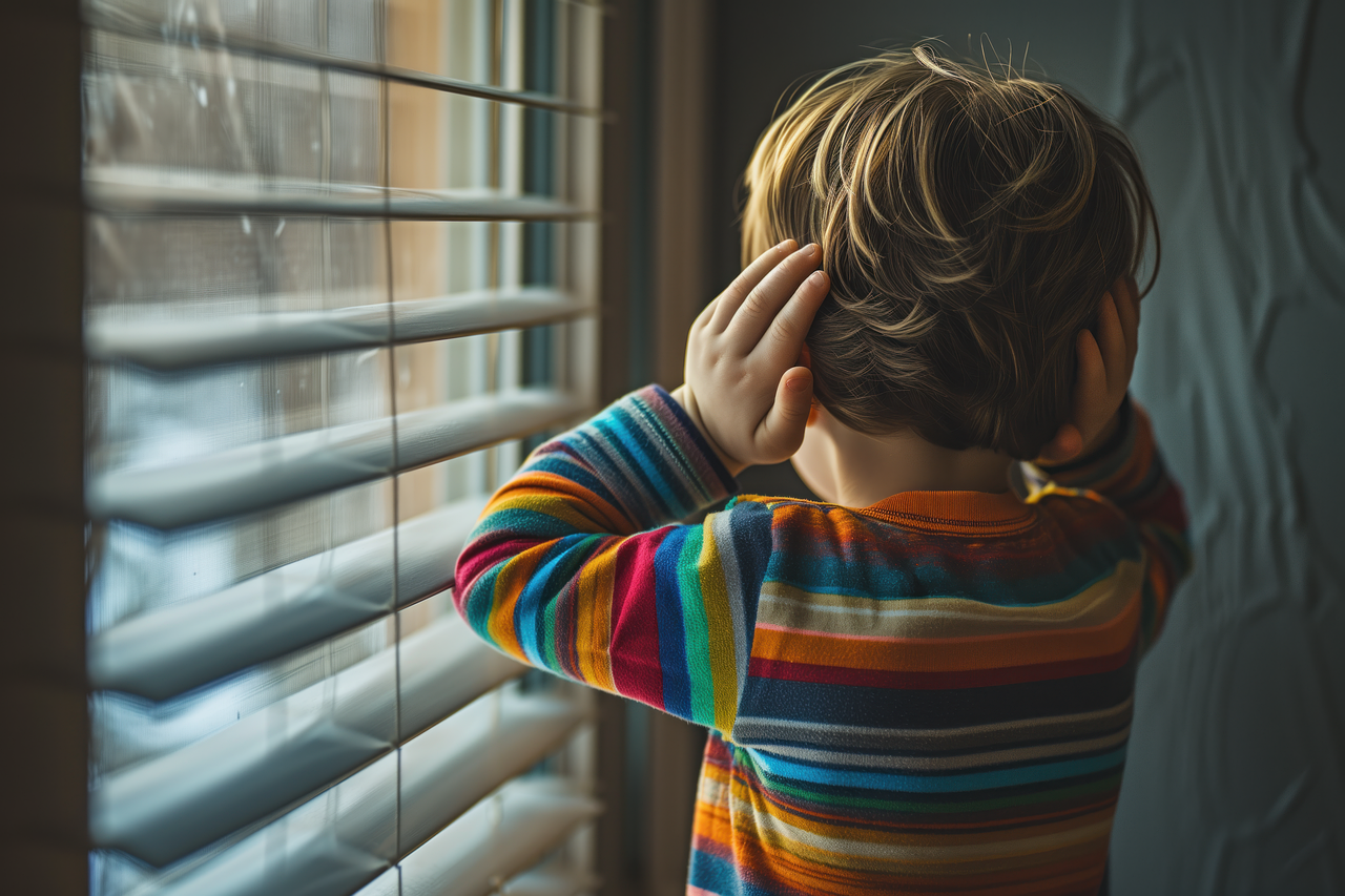 Dziecko stojące twarzą do okna odwrócone plecami do pokoju, zasłaniające uszy przed głośnymi dźwiękami.